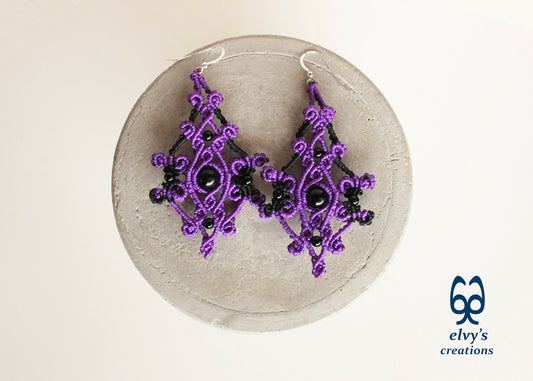 Purple Macrame Earrings Onyx Gemstone Dangle Earrings Black Micro Macrame Earrings Gift for Women