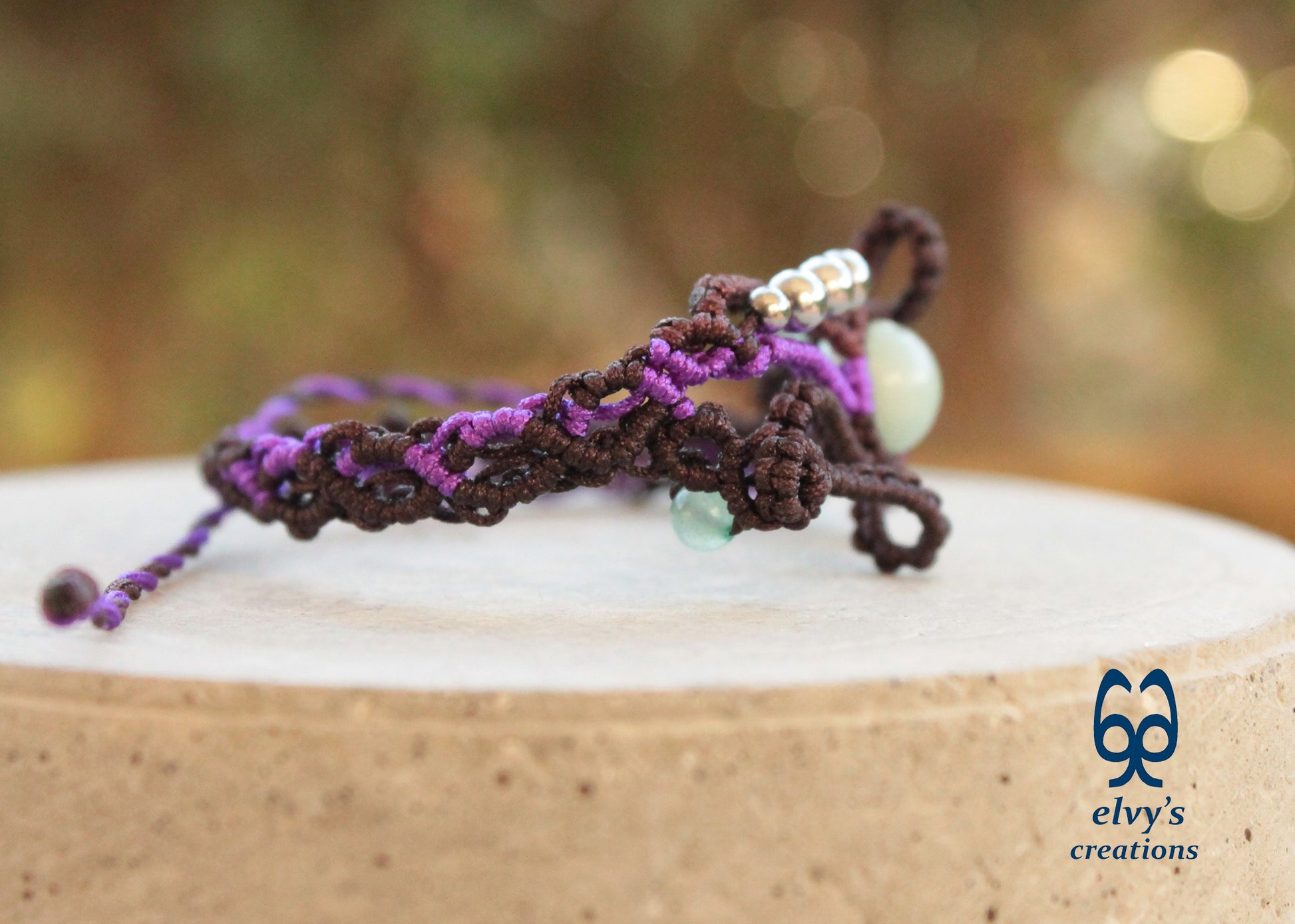 Purple Macrame Bracelet Aventurine Gemstones Brown Adjustable Lace Bracelet Birthday Gift for Women