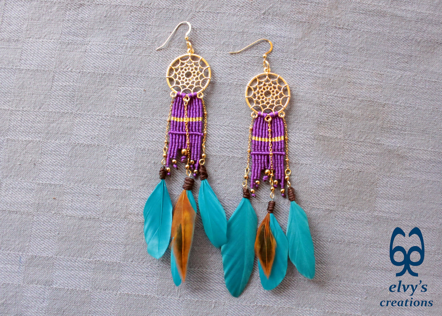 Purple Macrame Beaded Earrings, Hematite Gemstone Beads, Silver Dangle Earrings, Birthday Gift for Women