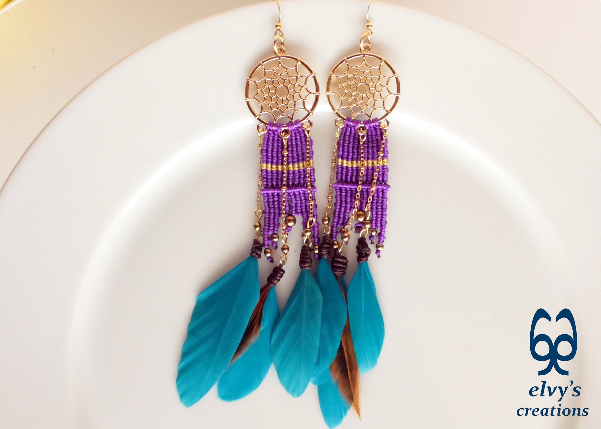 Purple Macrame Beaded Earrings, Hematite Gemstone Beads, Silver Dangle Earrings, Birthday Gift for Women