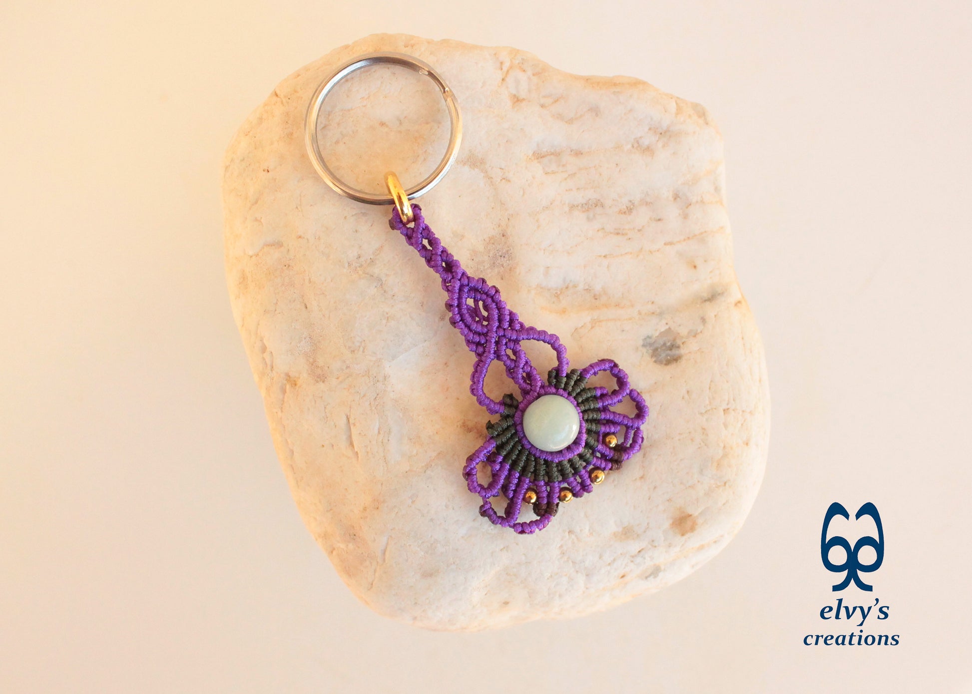 Purple Macrame Key Chain with Aventurine Crystal Green Housewarming Gift with Hematite Gemstones