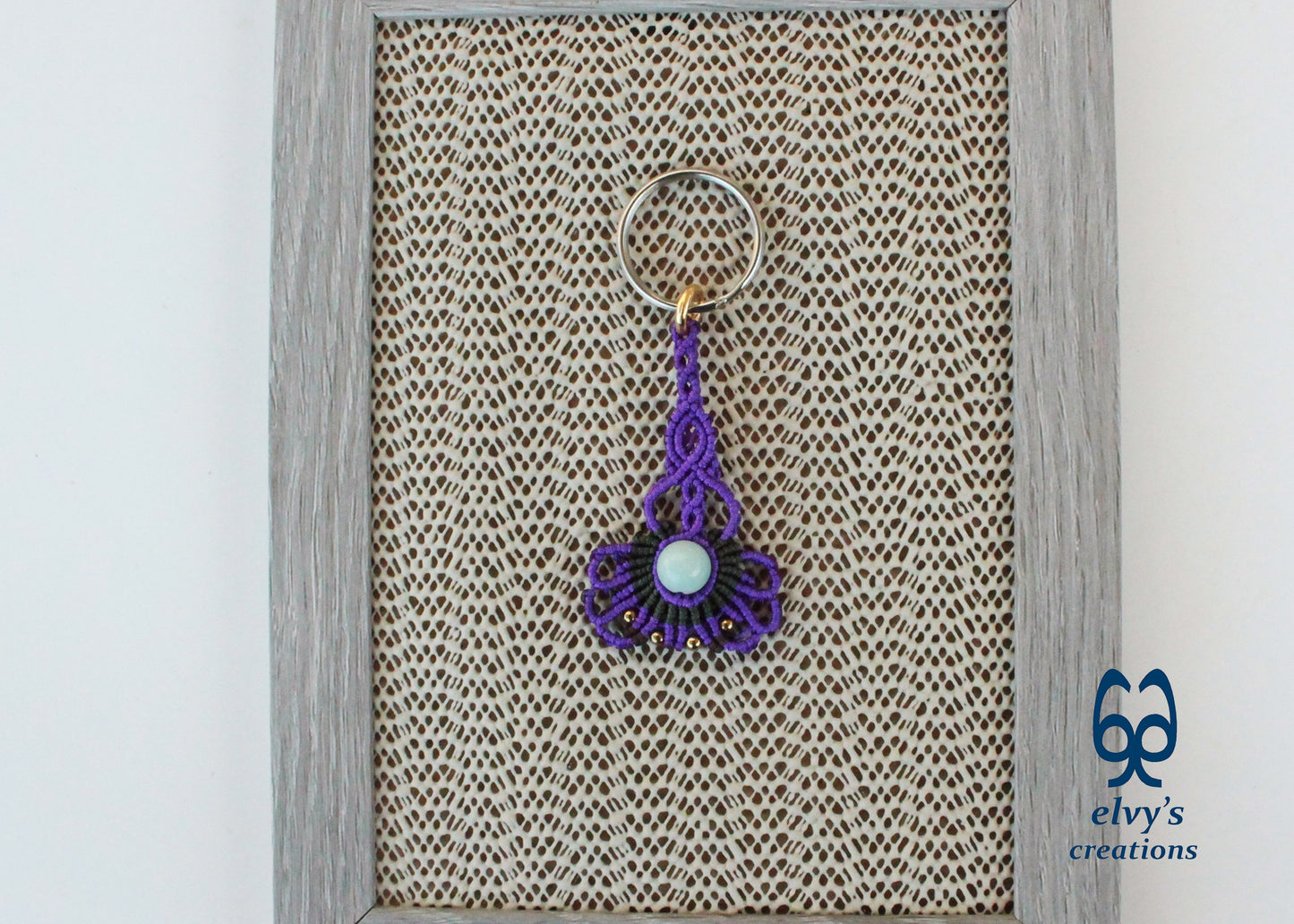 Purple Macrame Key Chain with Aventurine Crystal Green Housewarming Gift with Hematite Gemstones