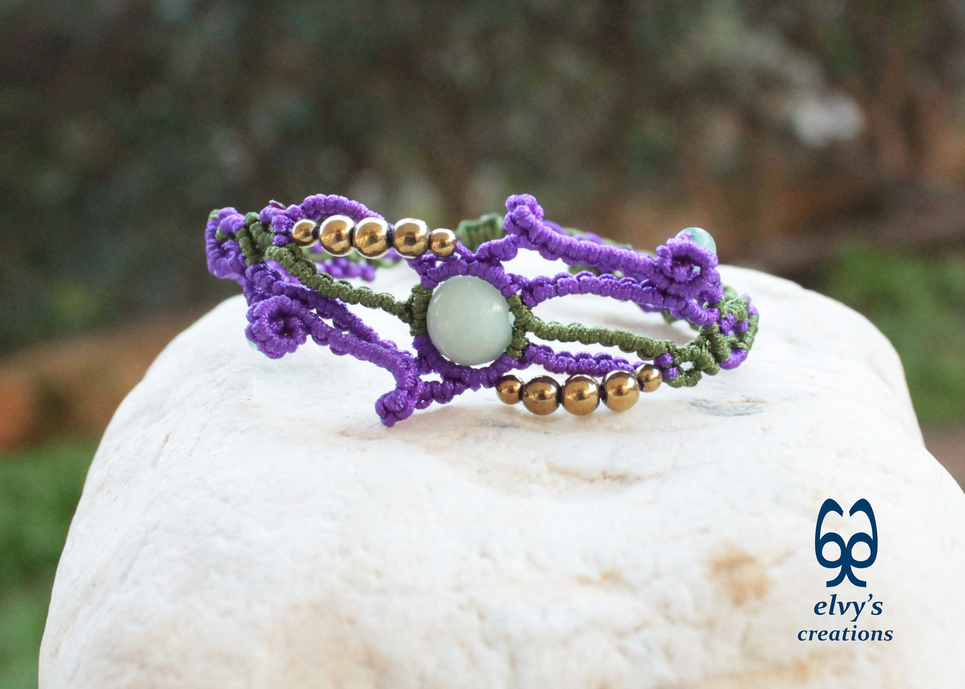 Purple and Green Macrame Bracelet with Aventurine and Hematite Gemstones