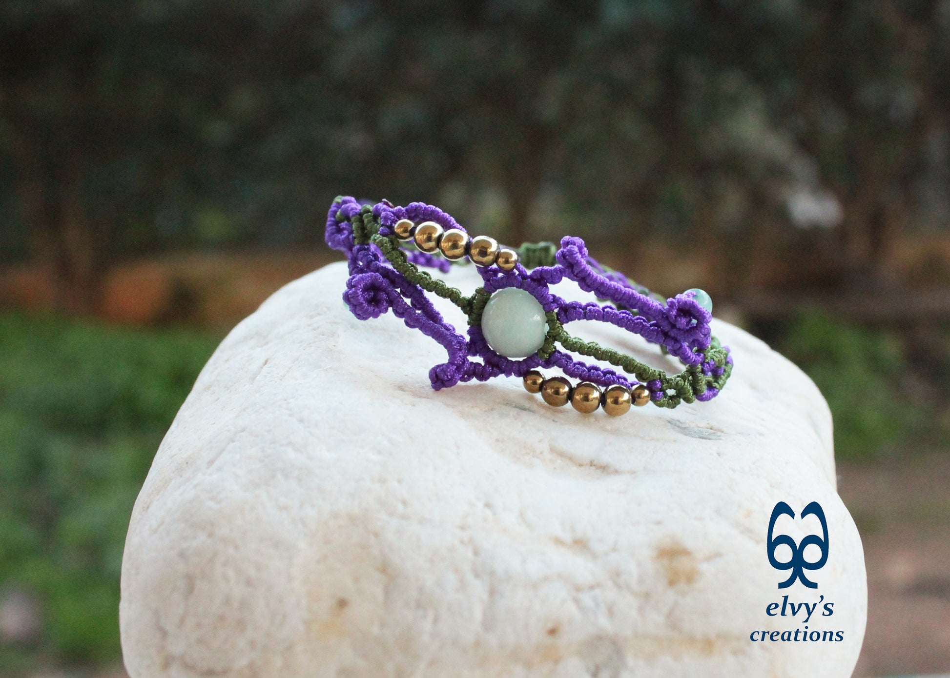 Purple and Green Macrame Bracelet with Aventurine and Hematite Gemstones