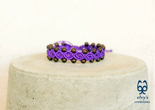 Purple Macrame Bracelet with Hematite Gemstone Beaded Cuff, Unique Birthday Gift for Women