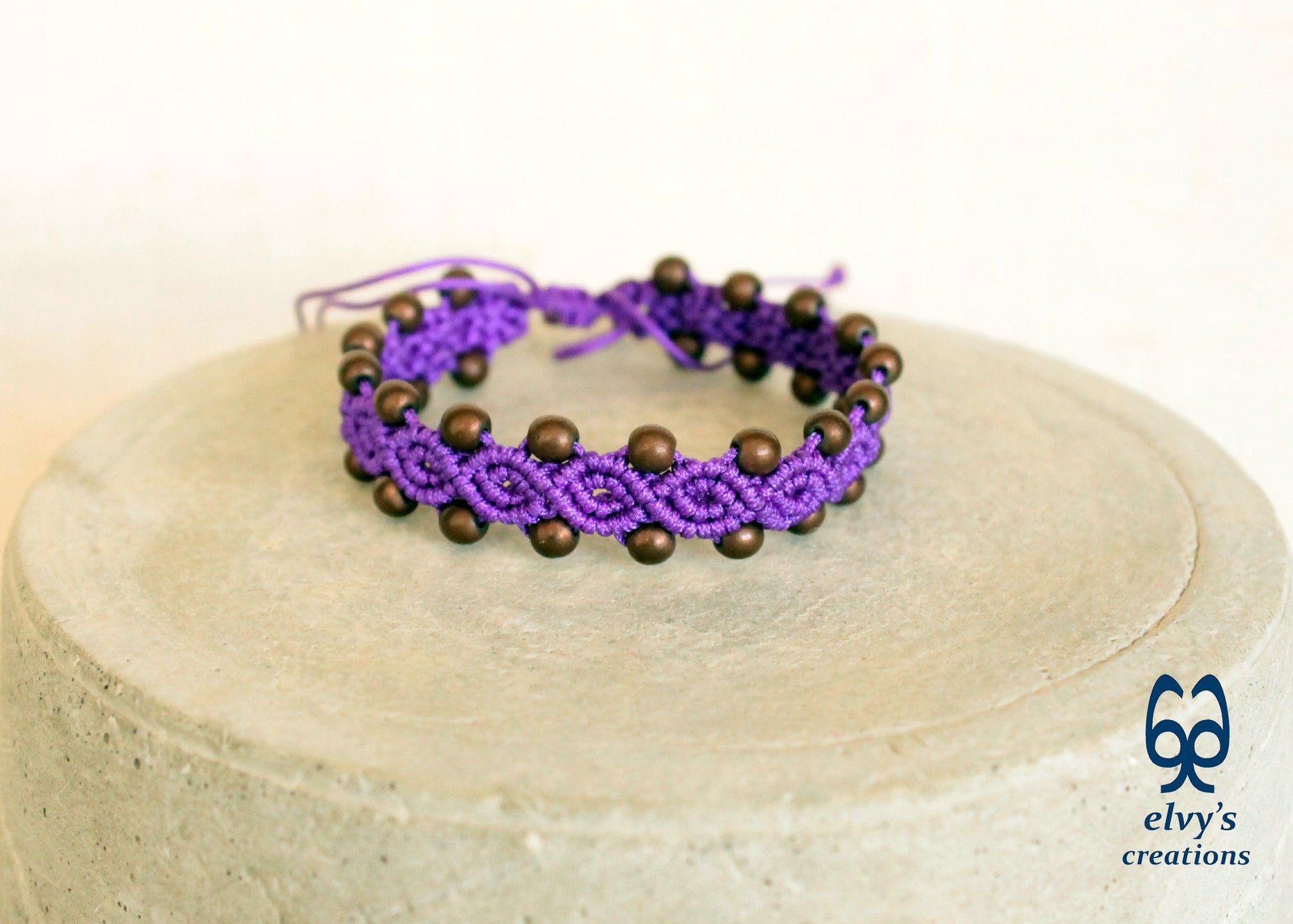 Purple Macrame Bracelet with Hematite Gemstone Beaded Cuff, Unique Birthday Gift for Women