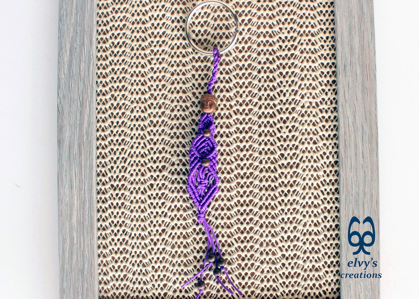 Purple and Bronze Macrame Key Chain Buddha Key Chain Housewarming Gift Small Gift for Woman and Man Good Luck Charm