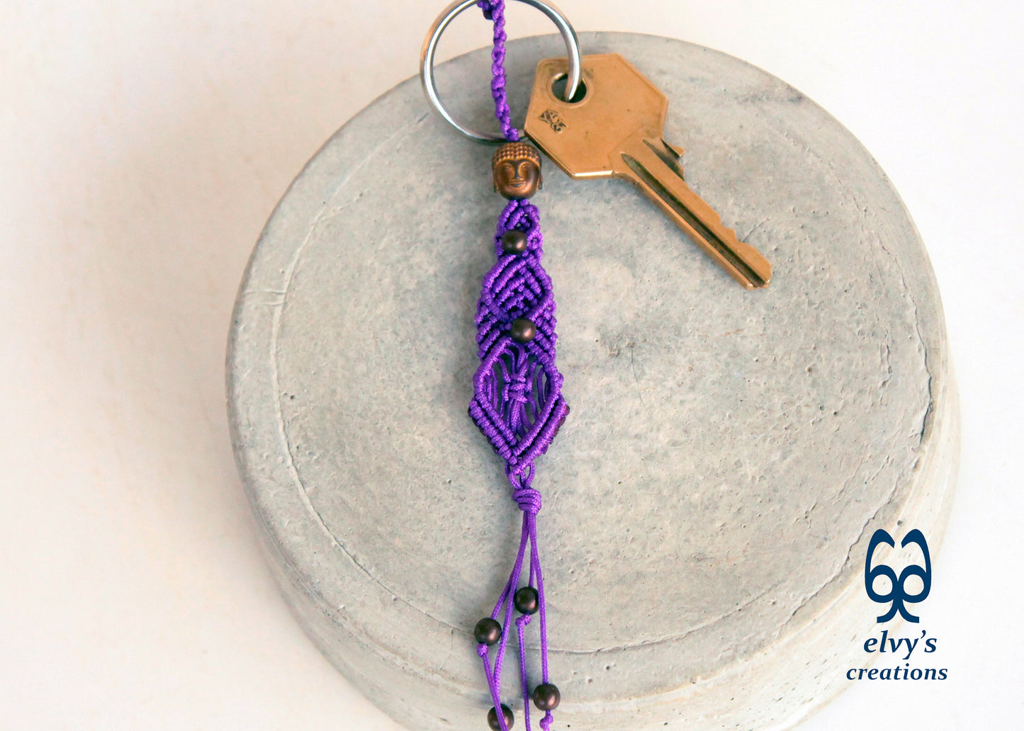 Purple and Bronze Macrame Key Chain Buddha Key Chain Housewarming Gift Small Gift for Woman and Man Good Luck Charm