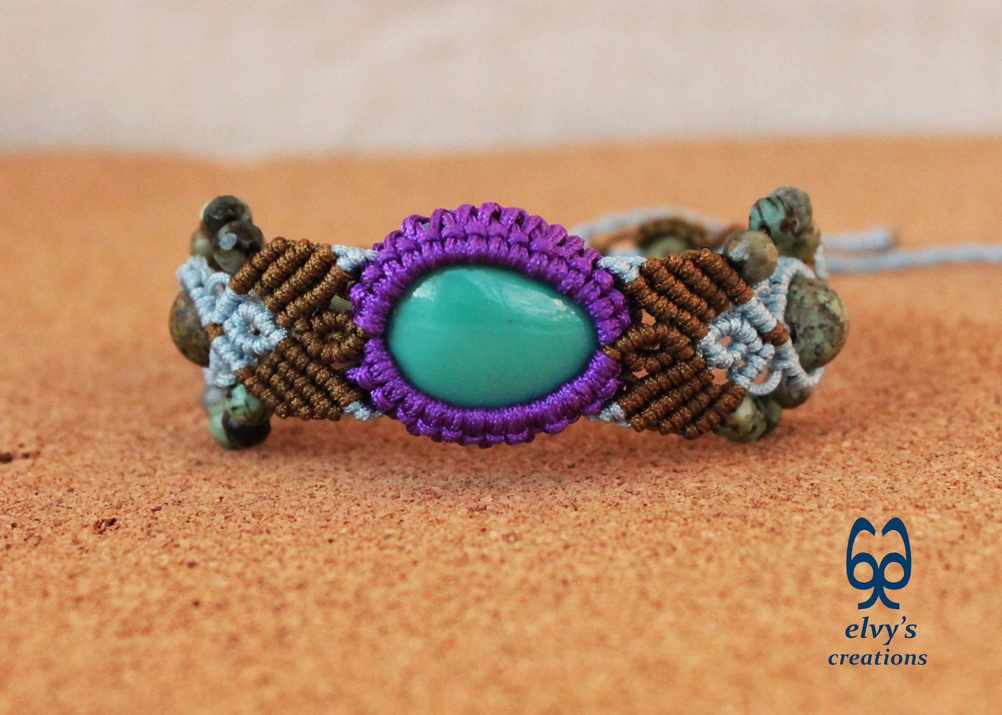 Blue Macrame Bracelet Turquoise Lace Wrapped Gemstone Adjustable Bracelet