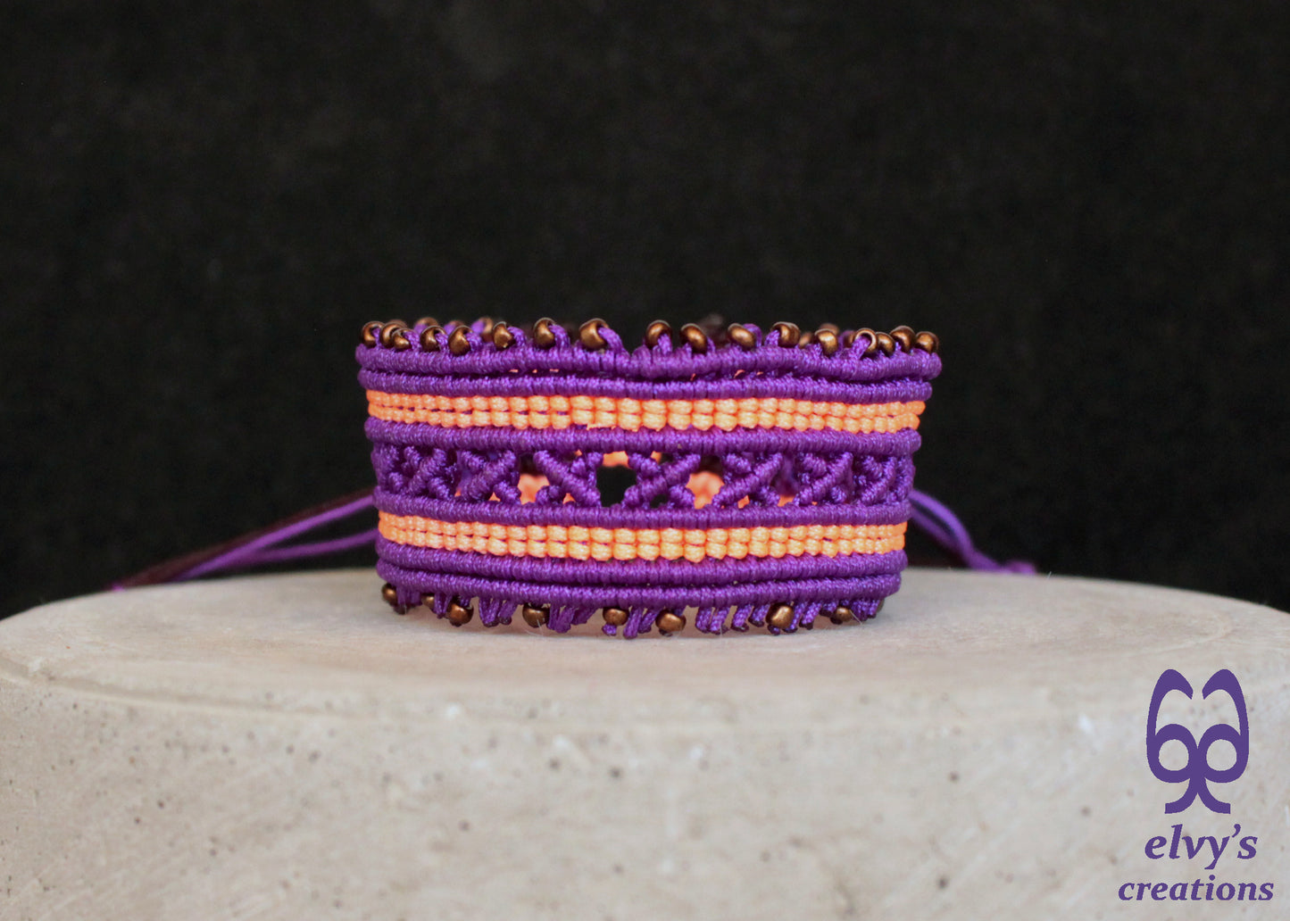 Purple and Fluorescent Orange Macrame Cuff Bracelet Adjustable with Bronze Miyuki Beads