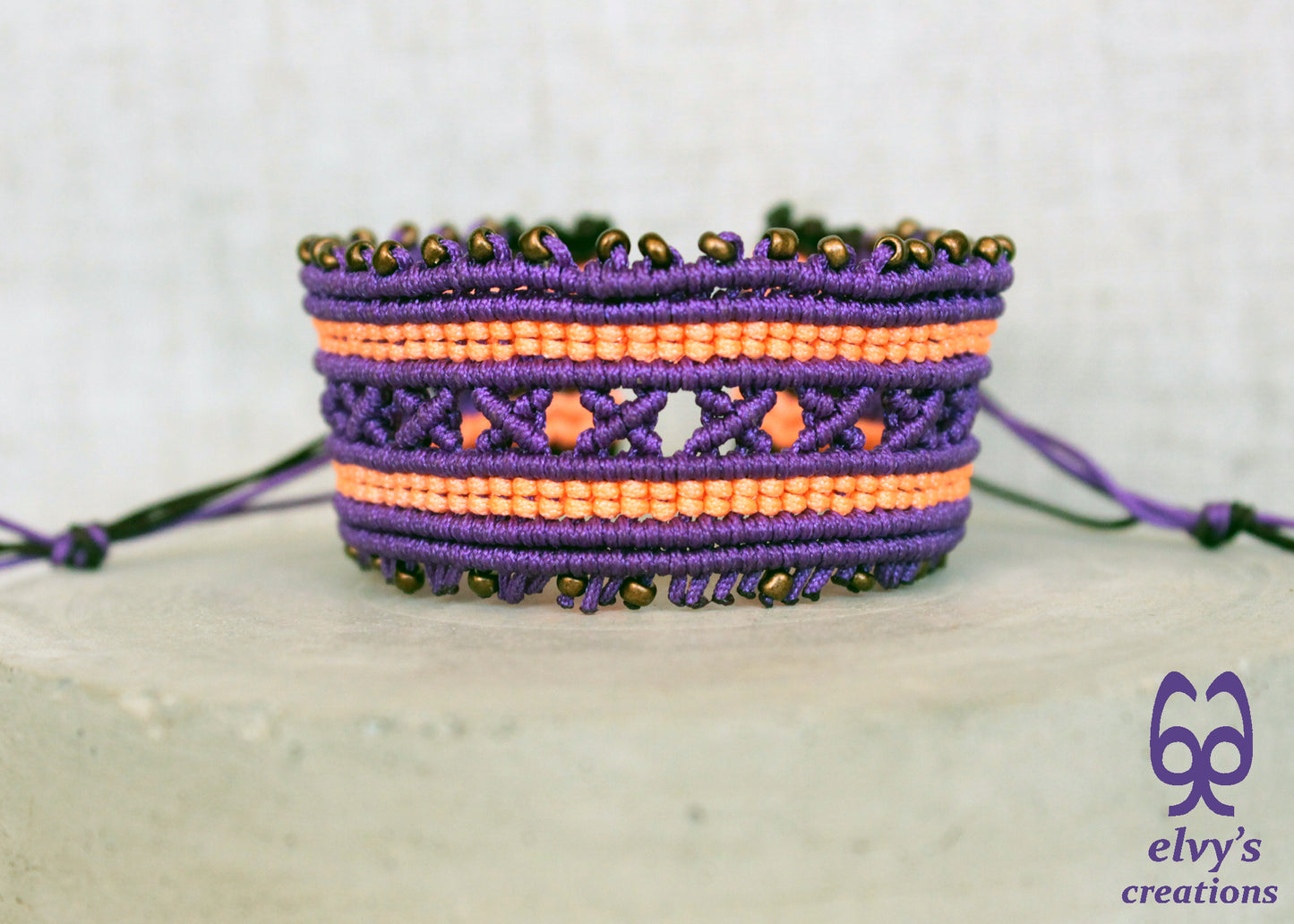 Purple and Fluorescent Orange Macrame Cuff Bracelet Adjustable with Bronze Miyuki Beads
