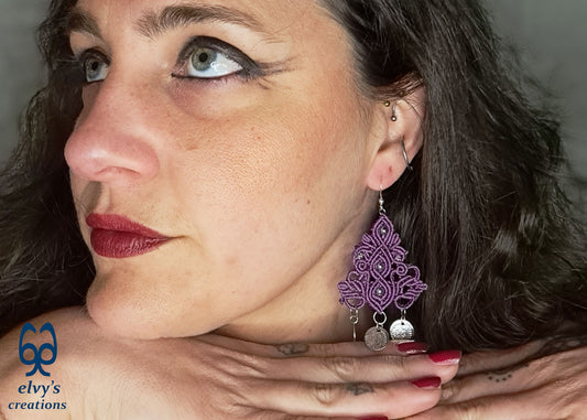 Purple Handmade Macrame Silver Earrings Dangle with Hematite Healing Gemstones Silver Coins 