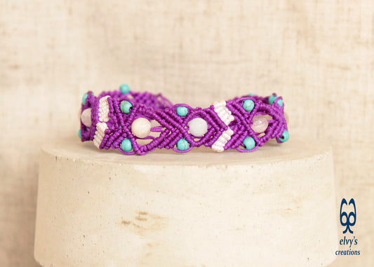 Purple and White Macrame Beaded Cuff Anklet with Turquoise Gemstones and Crystal Quartz