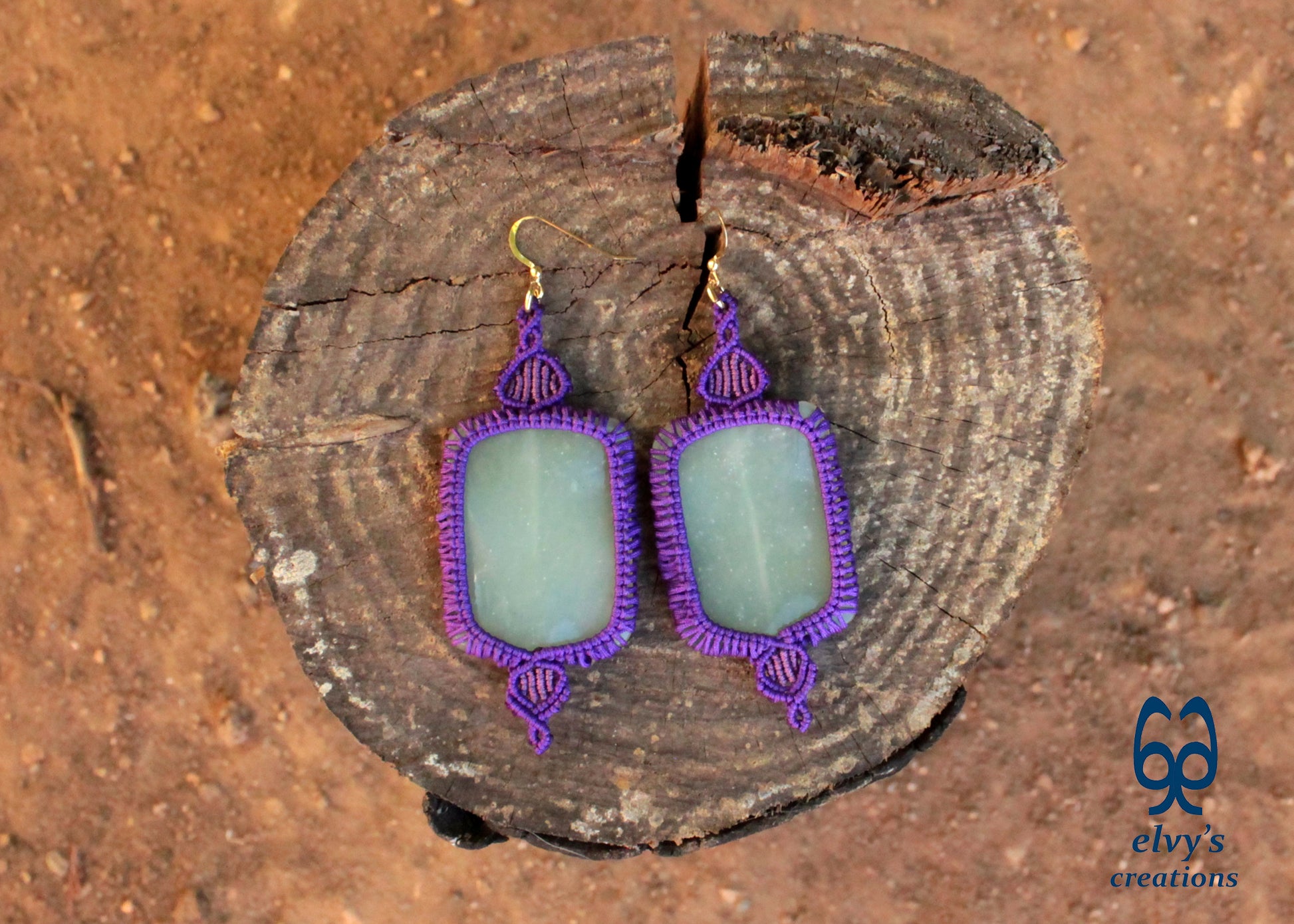 Handmade Purple Macrame Earrings with Long Green Chalcedony Gemstone Beads