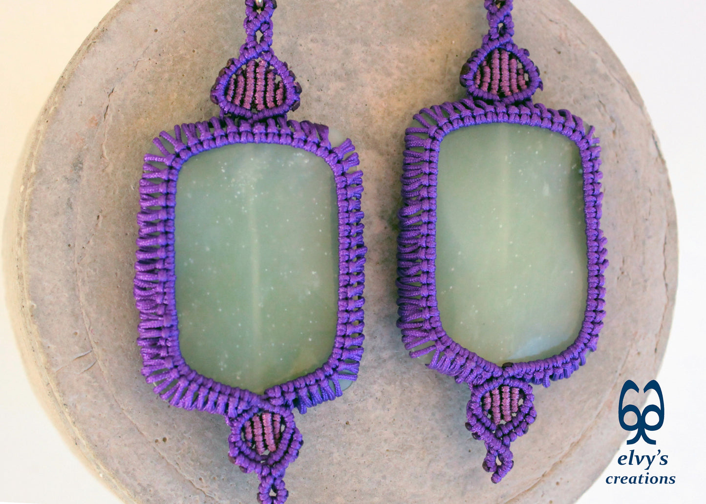 Handmade Purple Macrame Earrings with Long Green Chalcedony Gemstone Beads