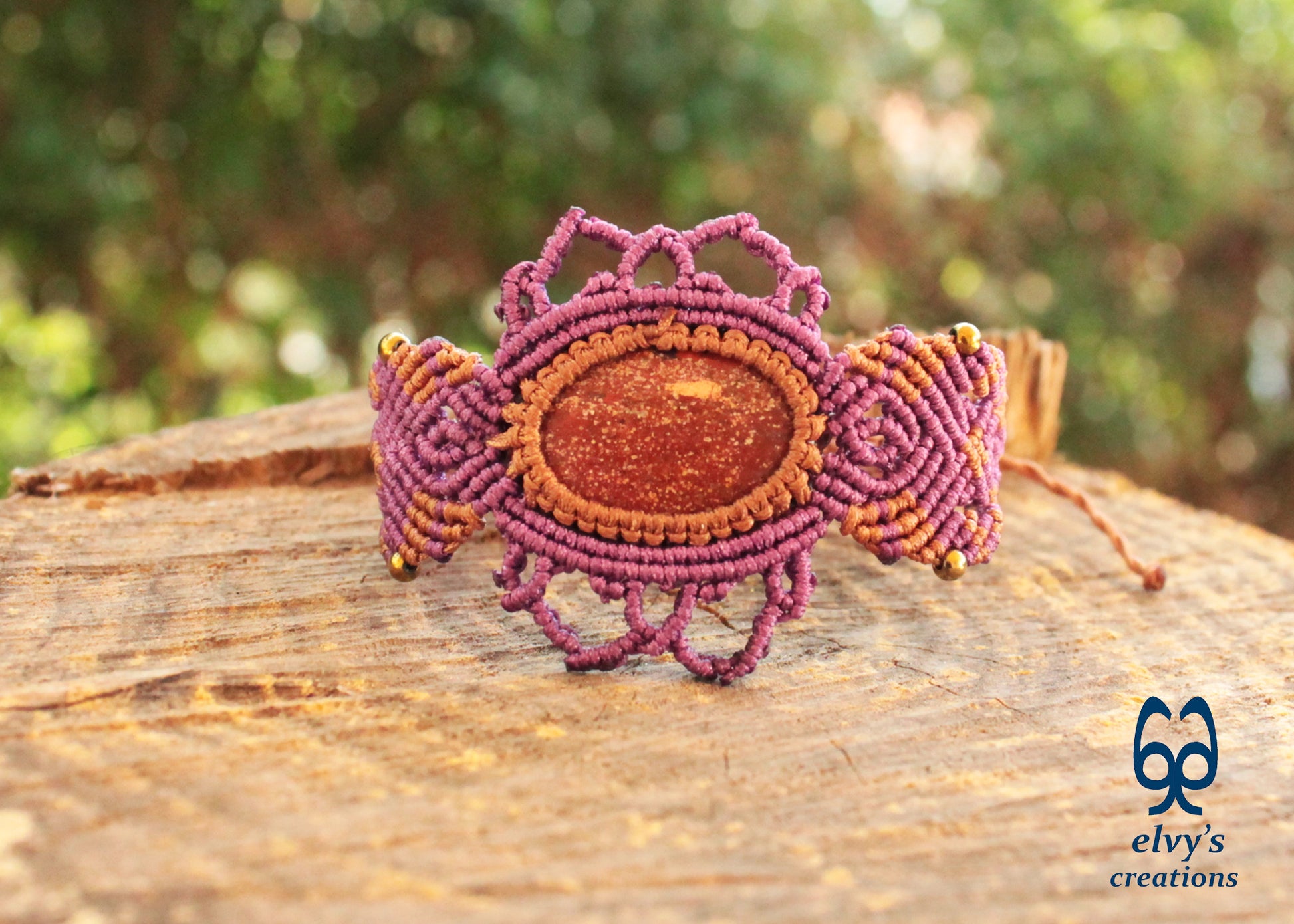 Purple Handmade Macrame Bracelet,  Red Jasper Gemstone Beaded Cuff, Unique Birthday Gift for Women