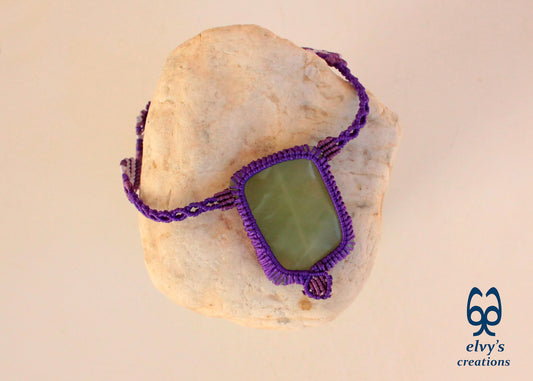 Handmade Purple Macrame Necklace with Lime Green Chalcedony Gemstones