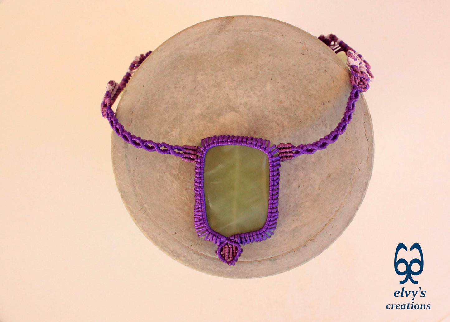 Handmade Purple Macrame Necklace with Lime Green Chalcedony Gemstones