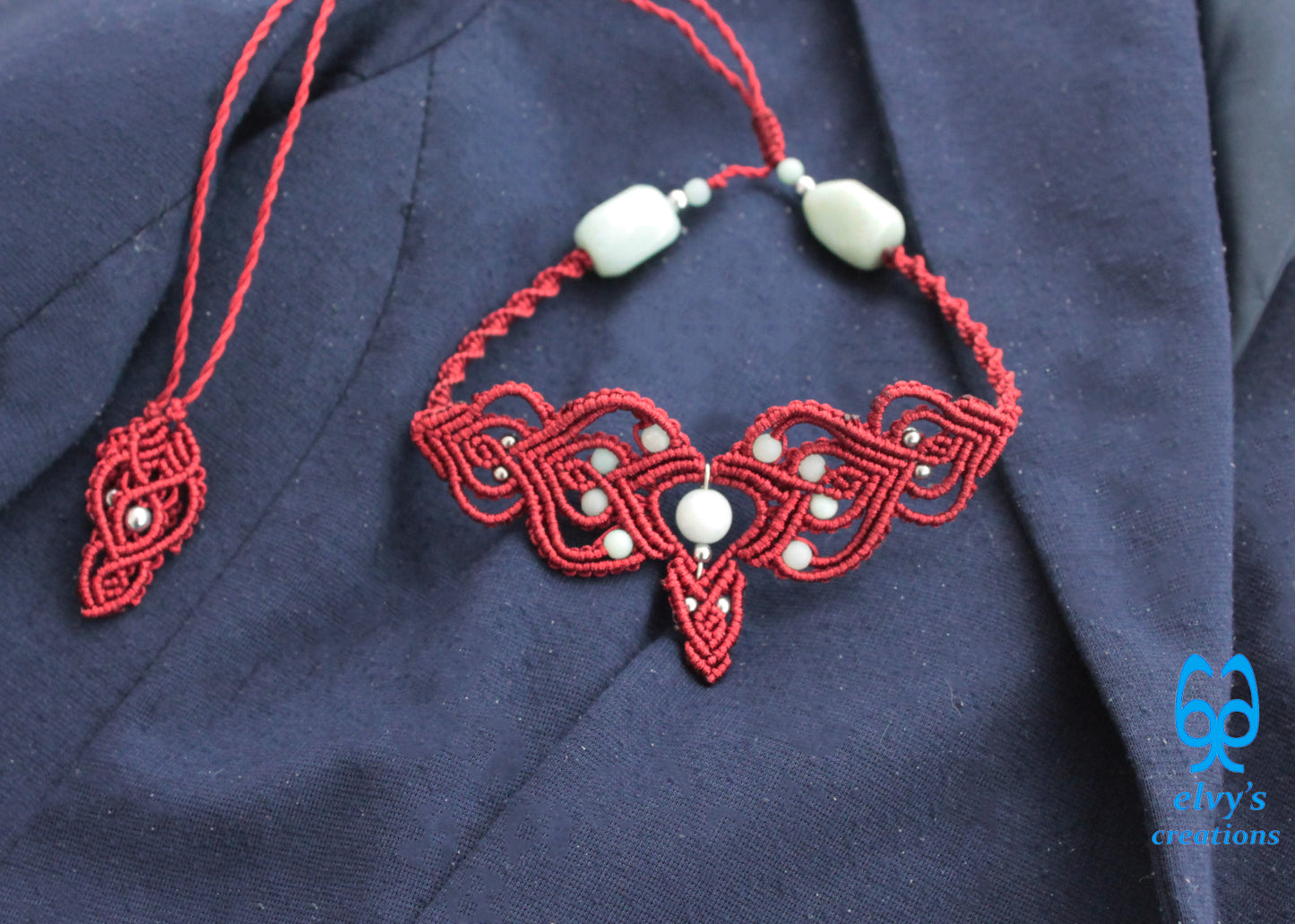 Red Macrame Choker Moonstone Lace Necklace Macrame Adjustable Choker Amazonite and Hematite Beaded Jewelry 