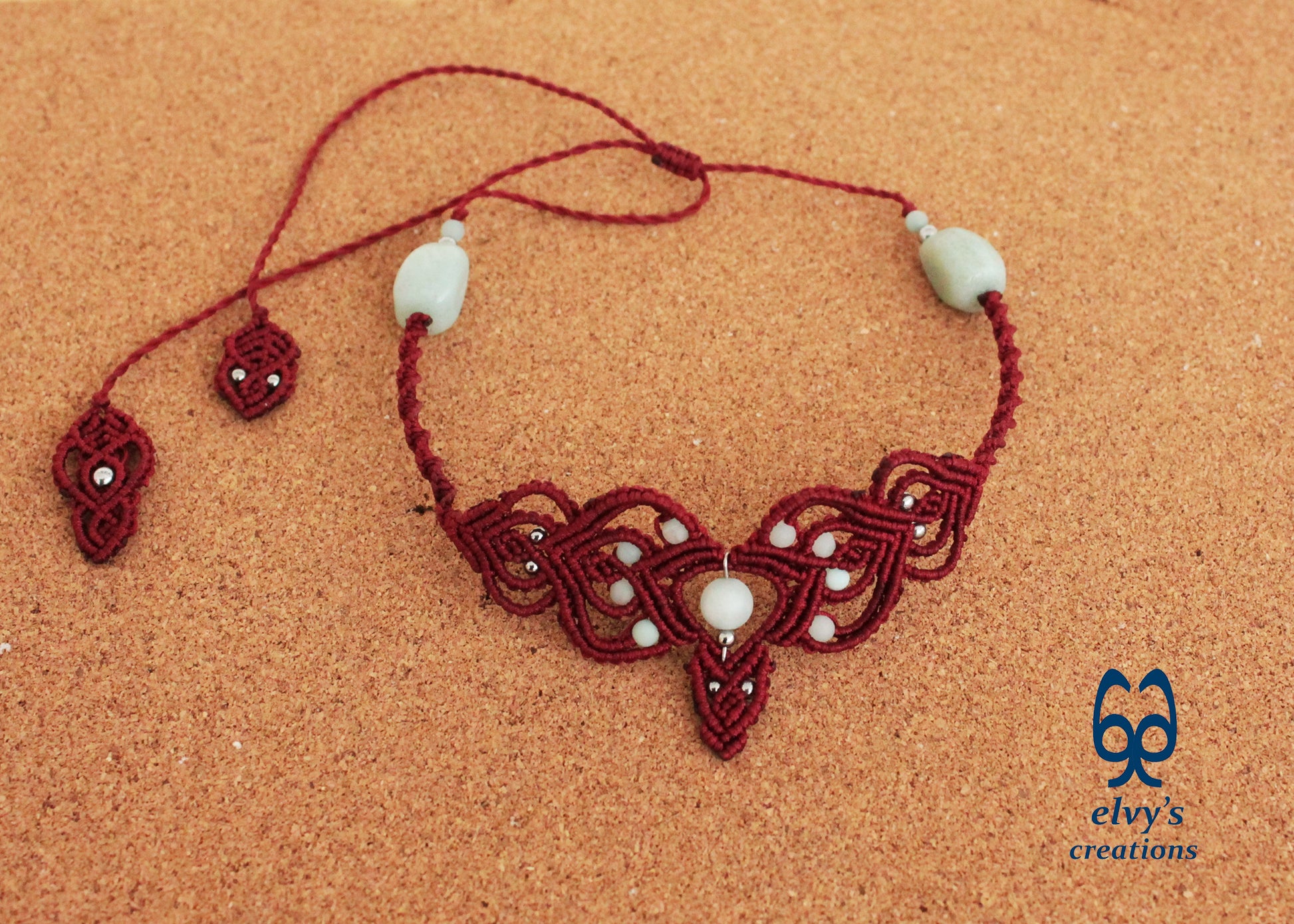 Red Macrame Choker Moonstone Lace Necklace Macrame Adjustable Choker Amazonite and Hematite Beaded Jewelry 