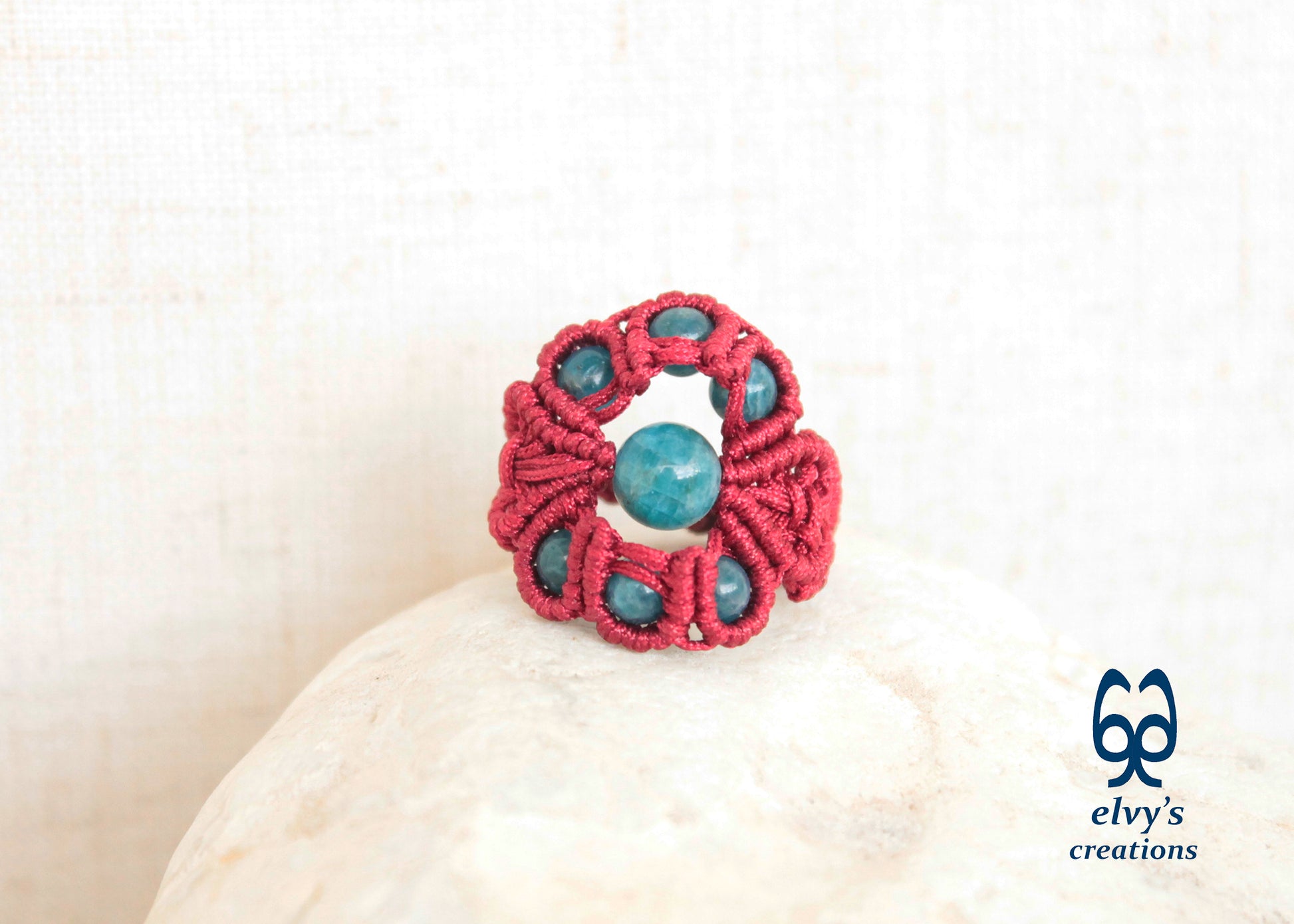 Red Macrame Ring Blue Apatite Gemstones Ring with Healing Gemstones Gift for Women