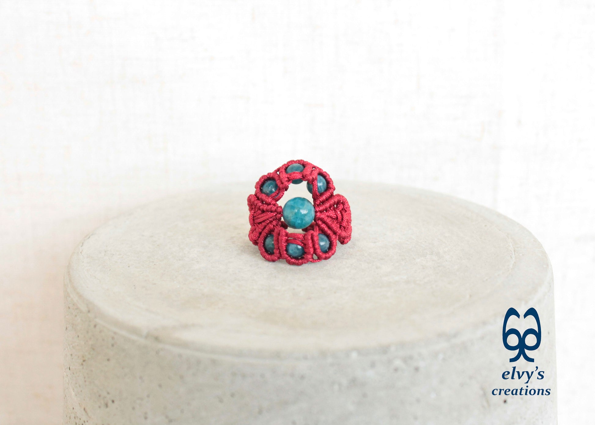 Red Macrame Ring Blue Apatite Gemstones Ring with Healing Gemstones Gift for Women