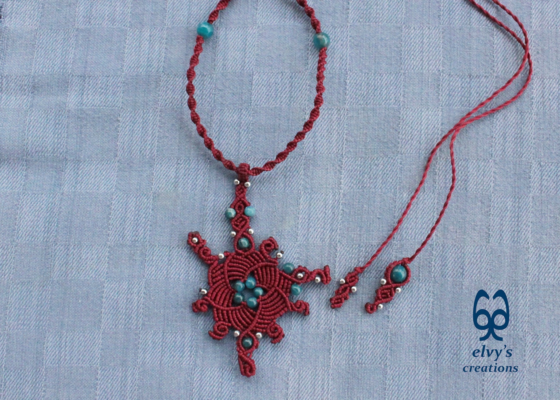 Red Macrame Necklace with Apatite and Hematite Gemstones Handmade Macrame Jewelry