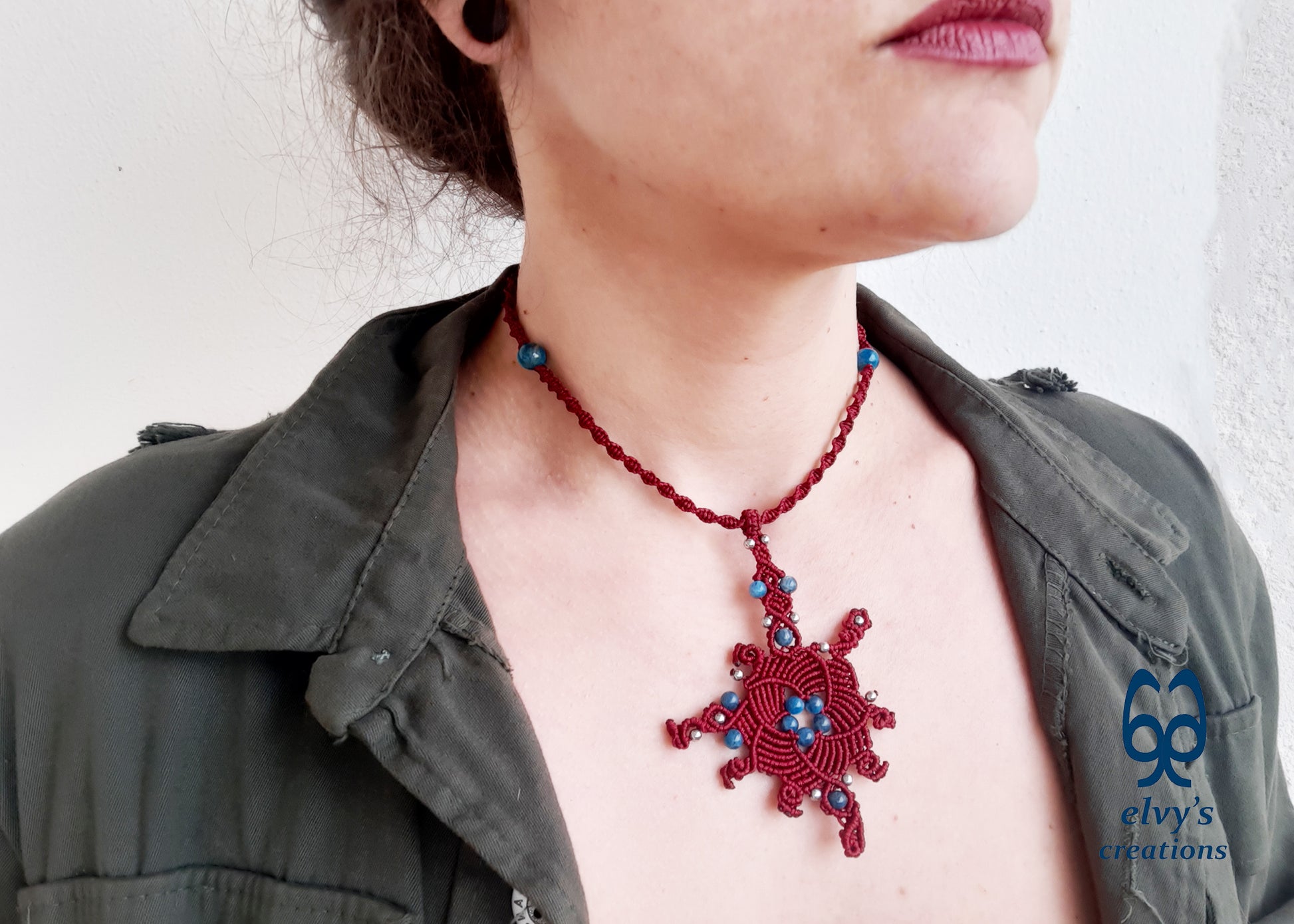 Red Macrame Necklace with Apatite and Hematite Gemstones Handmade Macrame Jewelry
