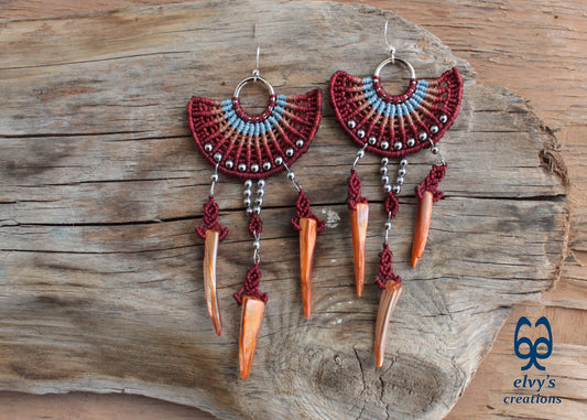 Big Red Macramé Earrings Long Dangle with Hematite Gemstones and Shells