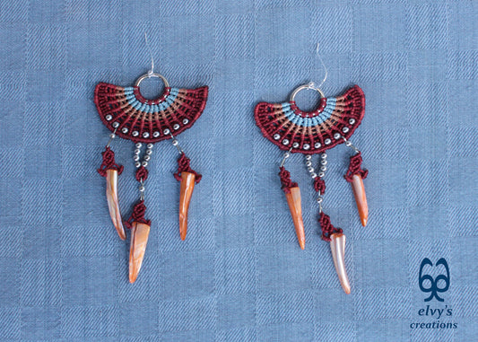 Big Red Macramé Earrings Long Dangle with Hematite Gemstones and Shells
