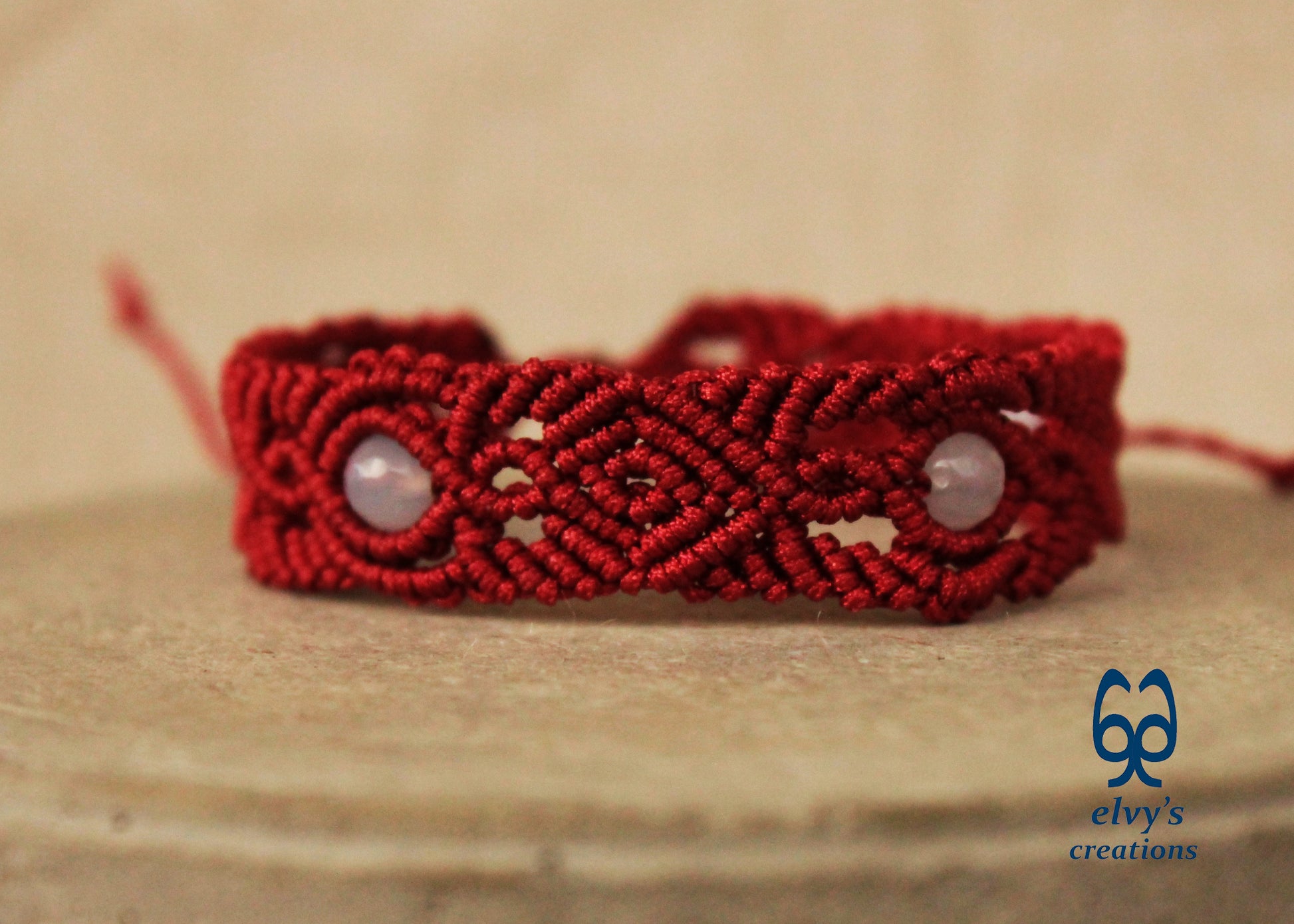 Red Macrame Bracelet with Chalcedony Gemstone Adjustable Unique Birthday Gift for Women