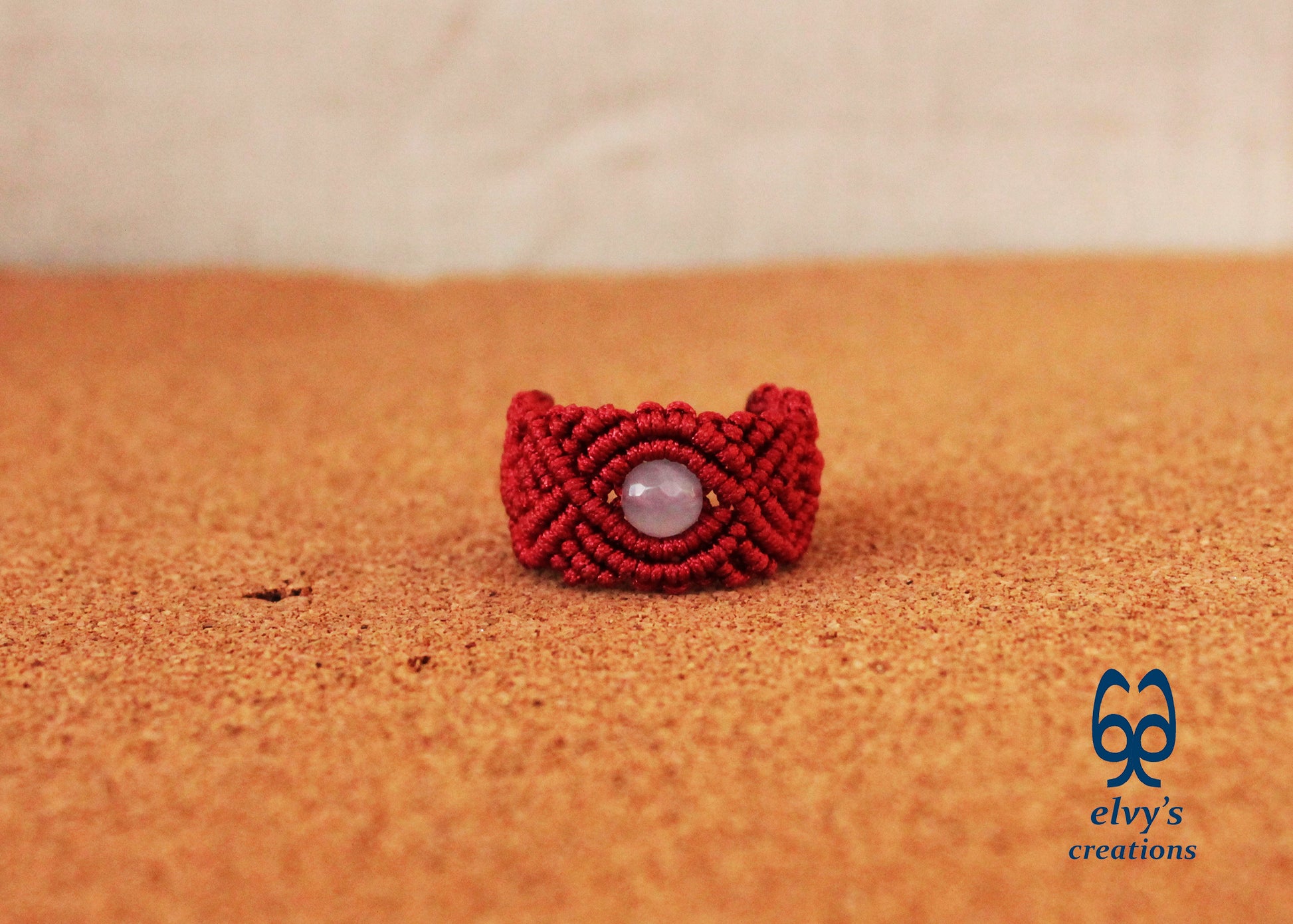 Red Macrame Ring with Purple Chalcedony Gemstone Unique Birthday Gift