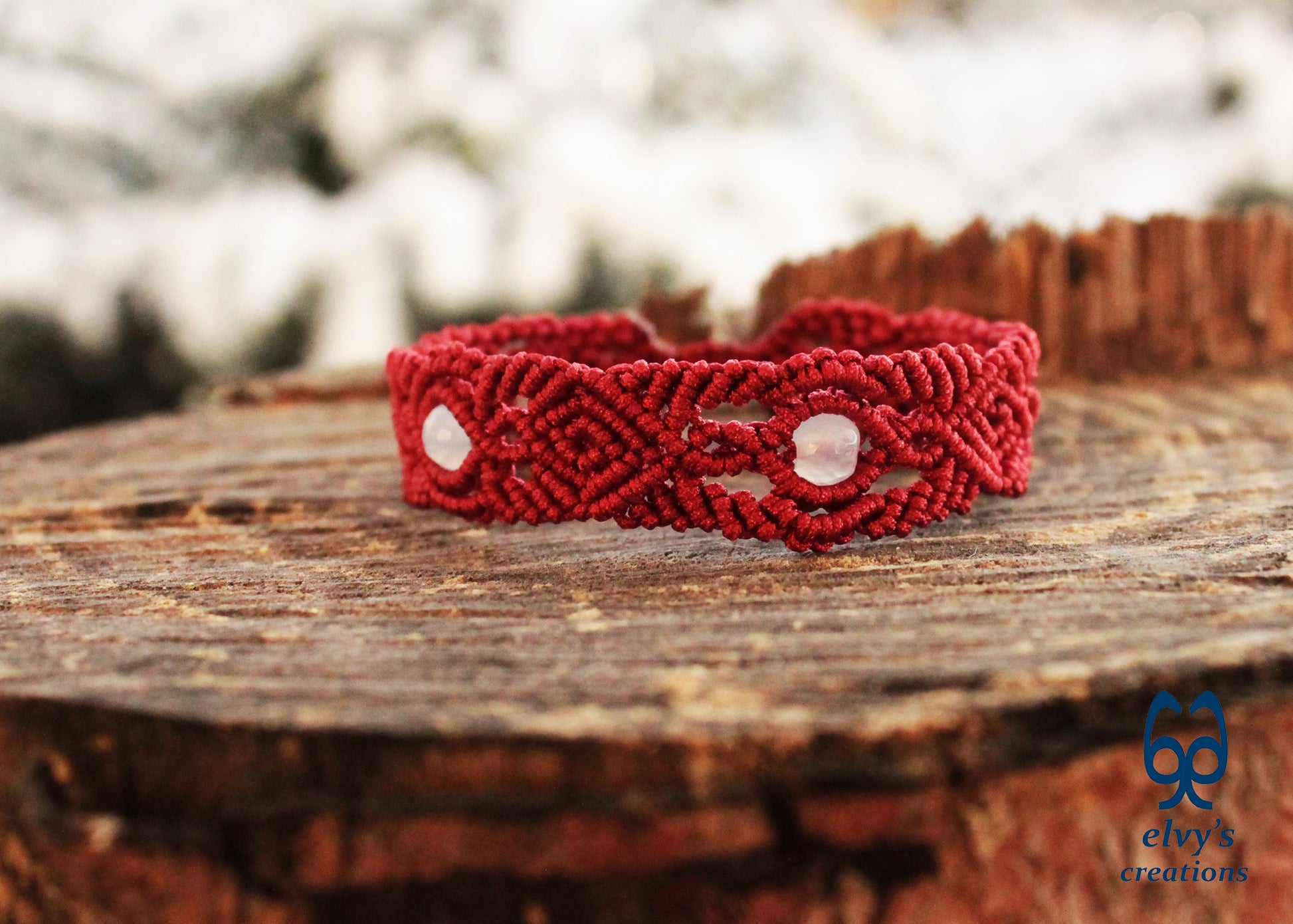 Red Macrame Bracelet with Chalcedony Gemstone Adjustable Unique Birthday Gift for Women