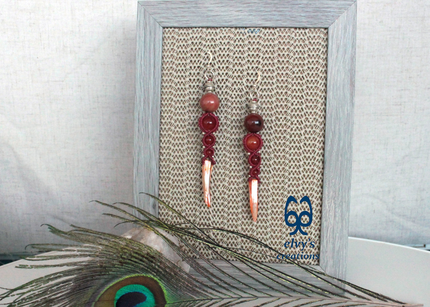 Red Macramé Earrings with Carnelian Gemstones