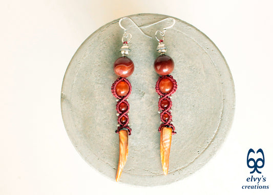 Macrame Beaded Earrings, Silver Gemstone Dangle Earrings,Birthday Gift for Women