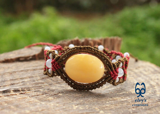 Gold Macrame Bracelet with Chalcedony Gemstone Adjustable Unique Birthday Gift for Women
