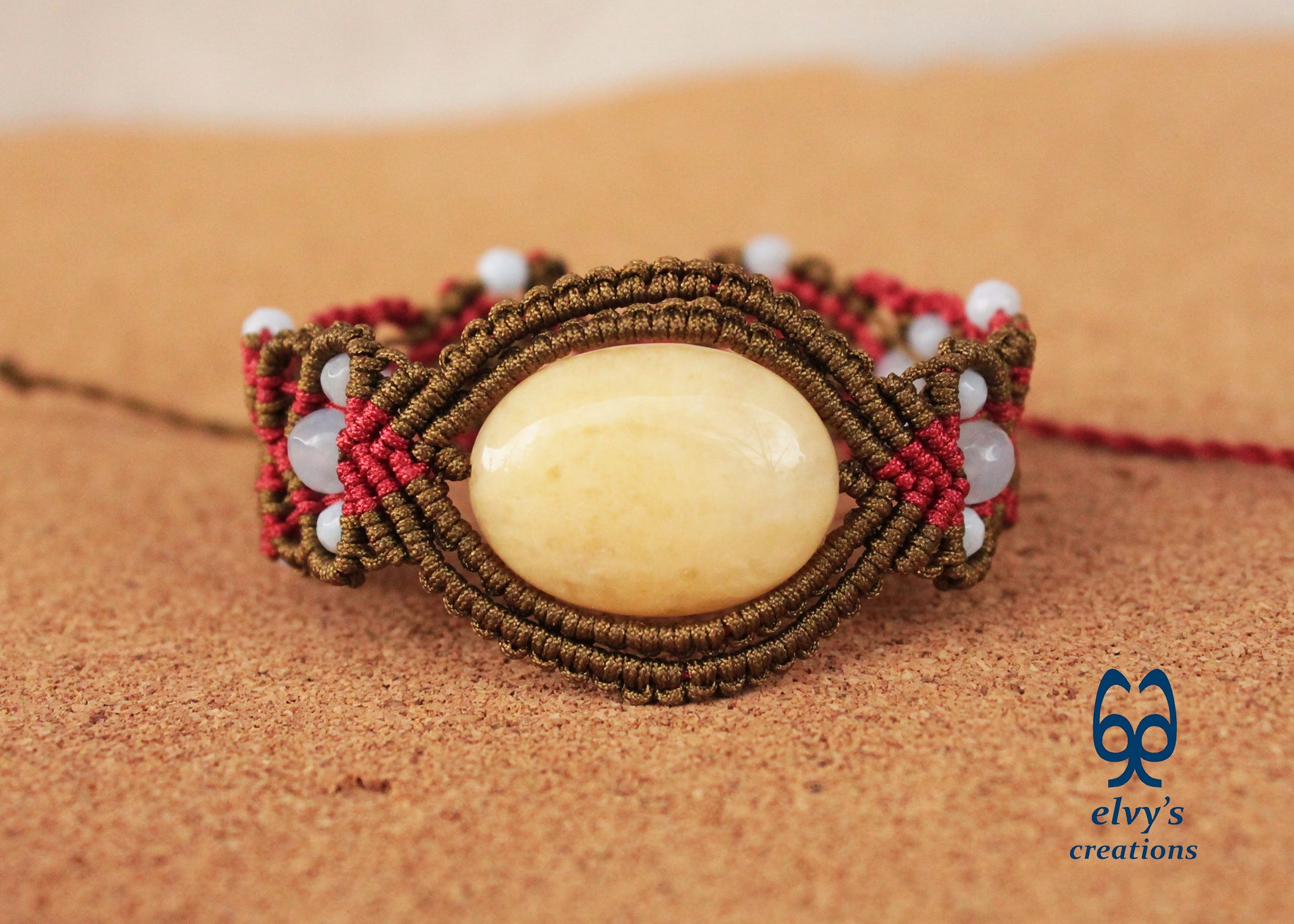 Gold Macrame Bracelet with Chalcedony Gemstone Adjustable Unique Birthday Gift for Women
