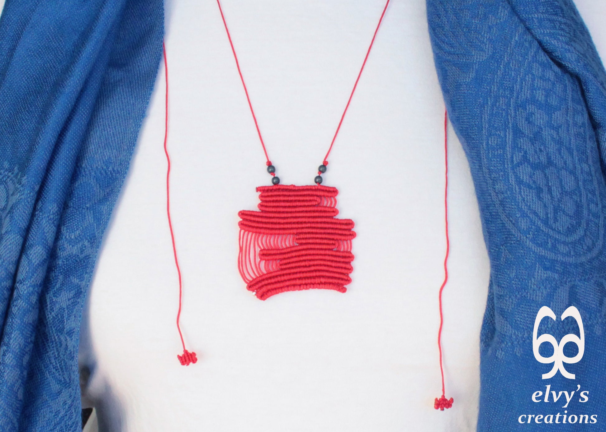 Red Macrame Necklace Adjustable Beaded Pendant with Natural Healing Gems Grey Hematite for Men and Women