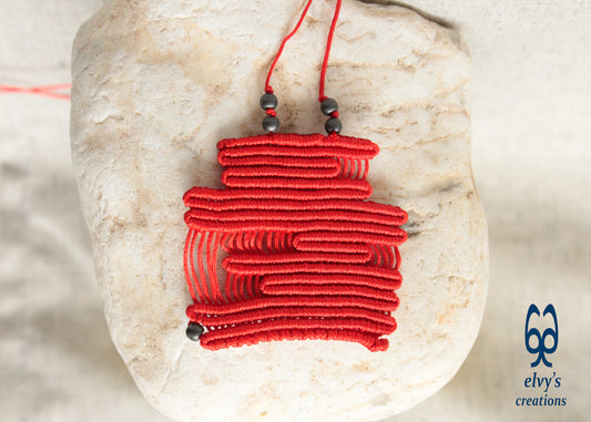 Red Macrame Necklace Adjustable Beaded Pendant with Natural Healing Gems Grey Hematite for Men and Women