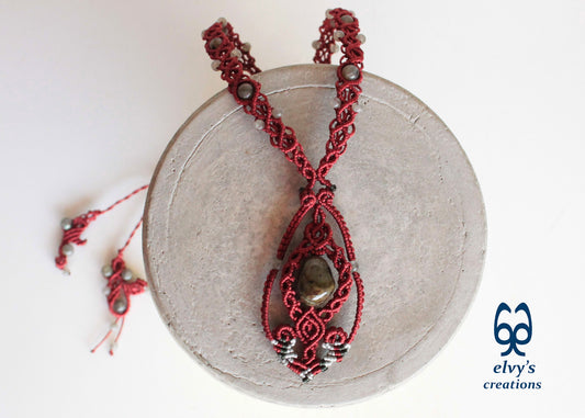 Red Macramé Necklace with Labradorite Gemstones
