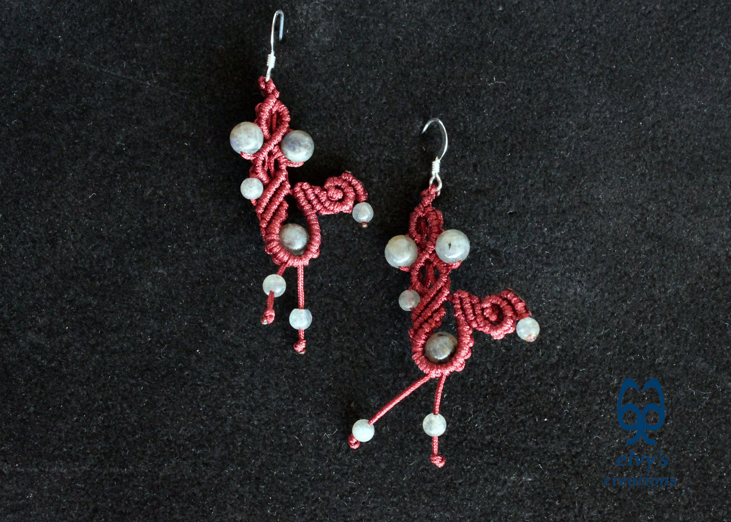 Red Macramé Earrings with Labradorite Gemstones