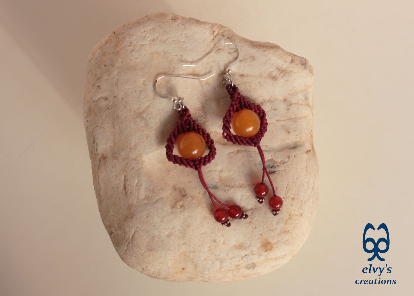 Red Macrame Beaded Earrings, Carnelian Gemstone Beads, Silver Dangle Earrings, Birthday Gift for Women