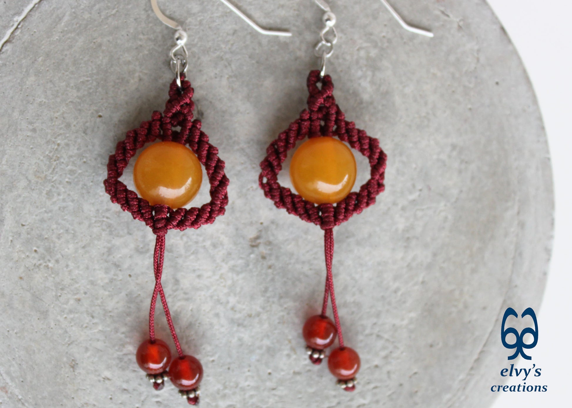 Red Macrame Beaded Earrings, Carnelian Gemstone Beads, Silver Dangle Earrings, Birthday Gift for Women