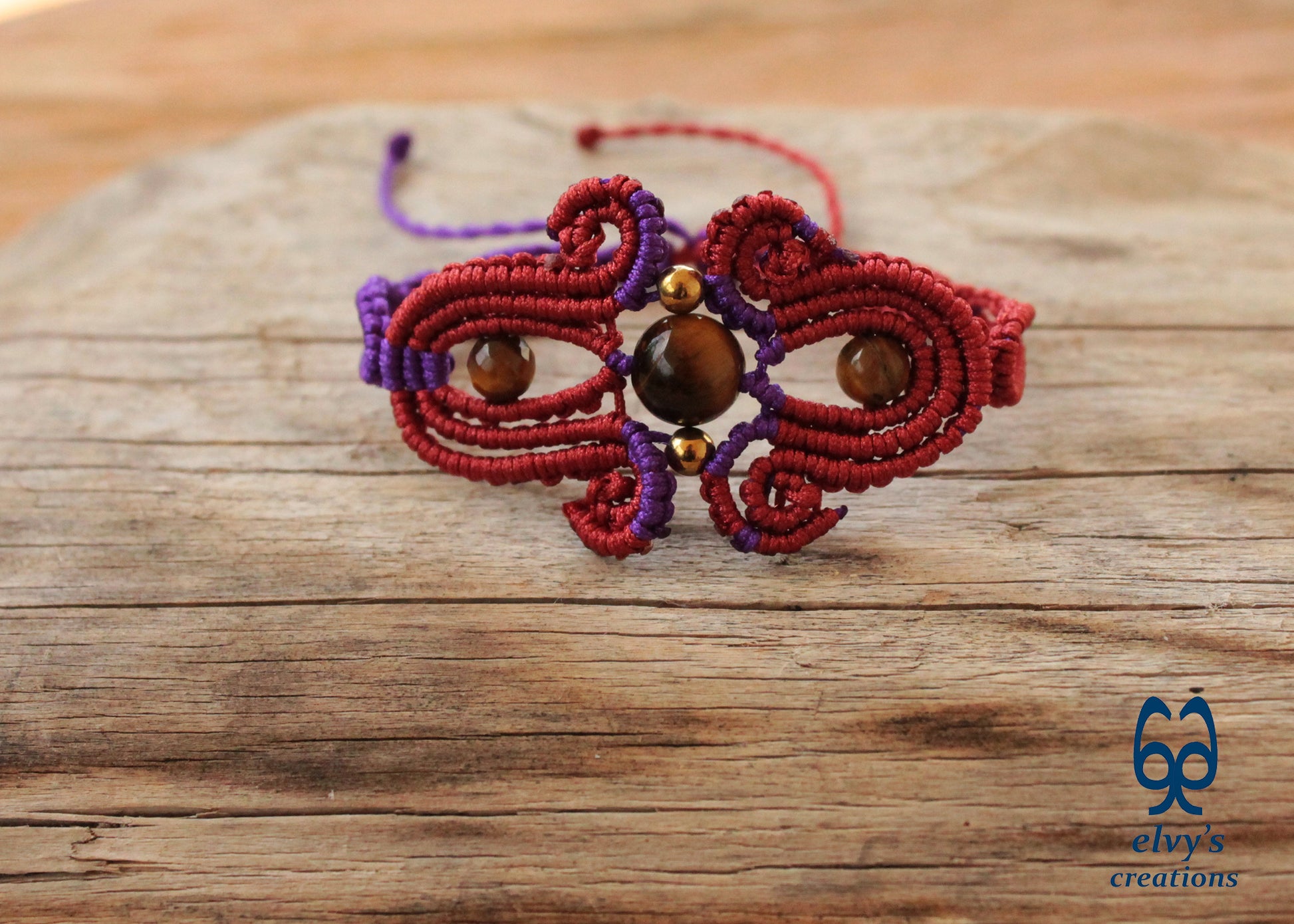 Red Macrame Bracelet with Tiger Eye Gemstones Purple Adjustable Cuff Bracelet