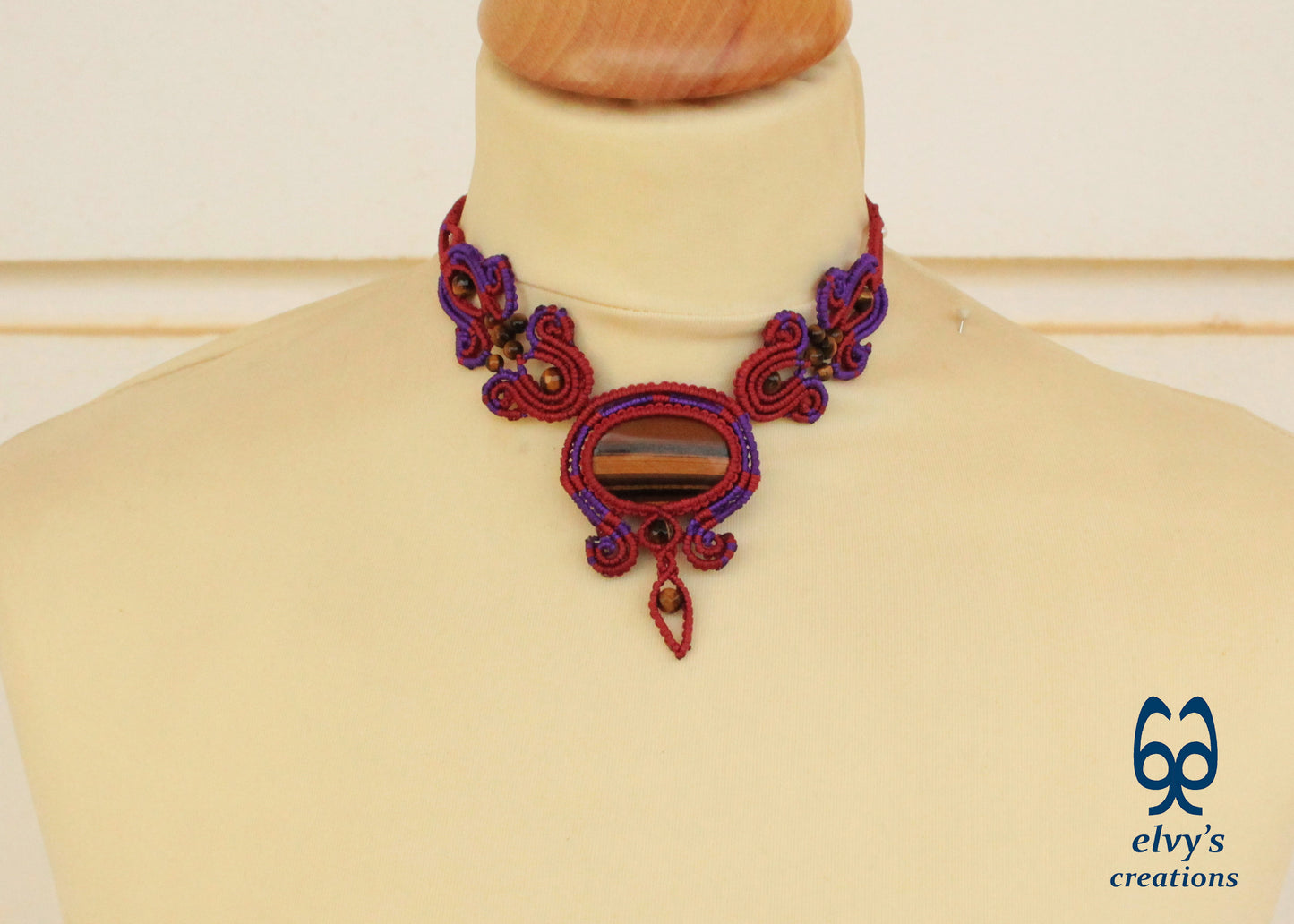 Red Macrame Necklace with Tiger Eye Gemstones Purple Adjustable Choker