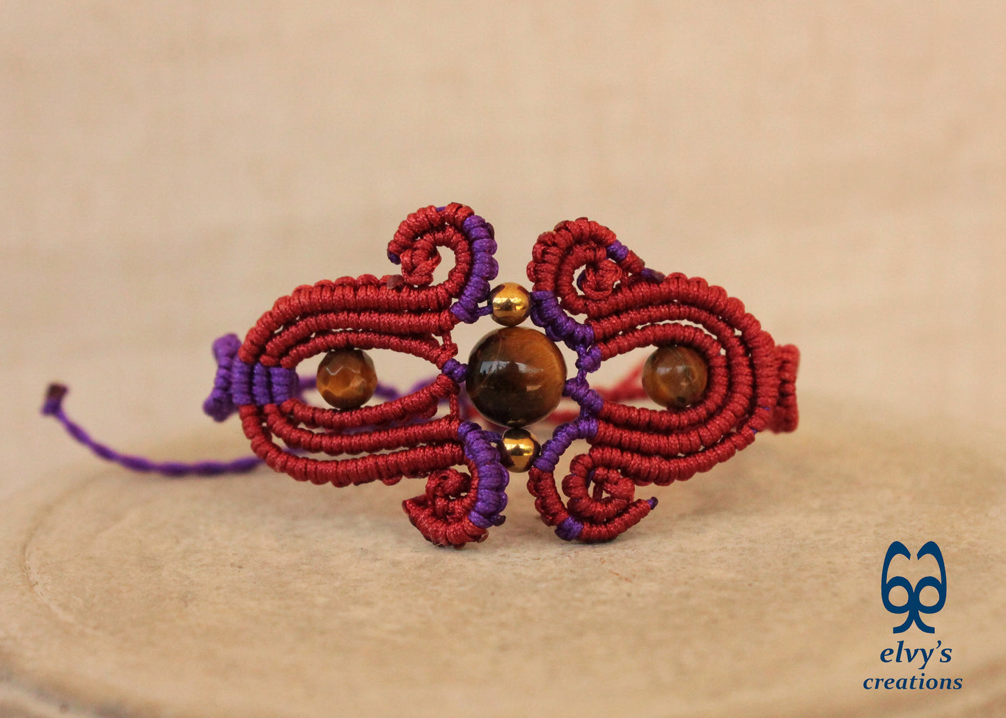 Red Macrame Bracelet with Tiger Eye Gemstones Purple Adjustable Cuff Bracelet