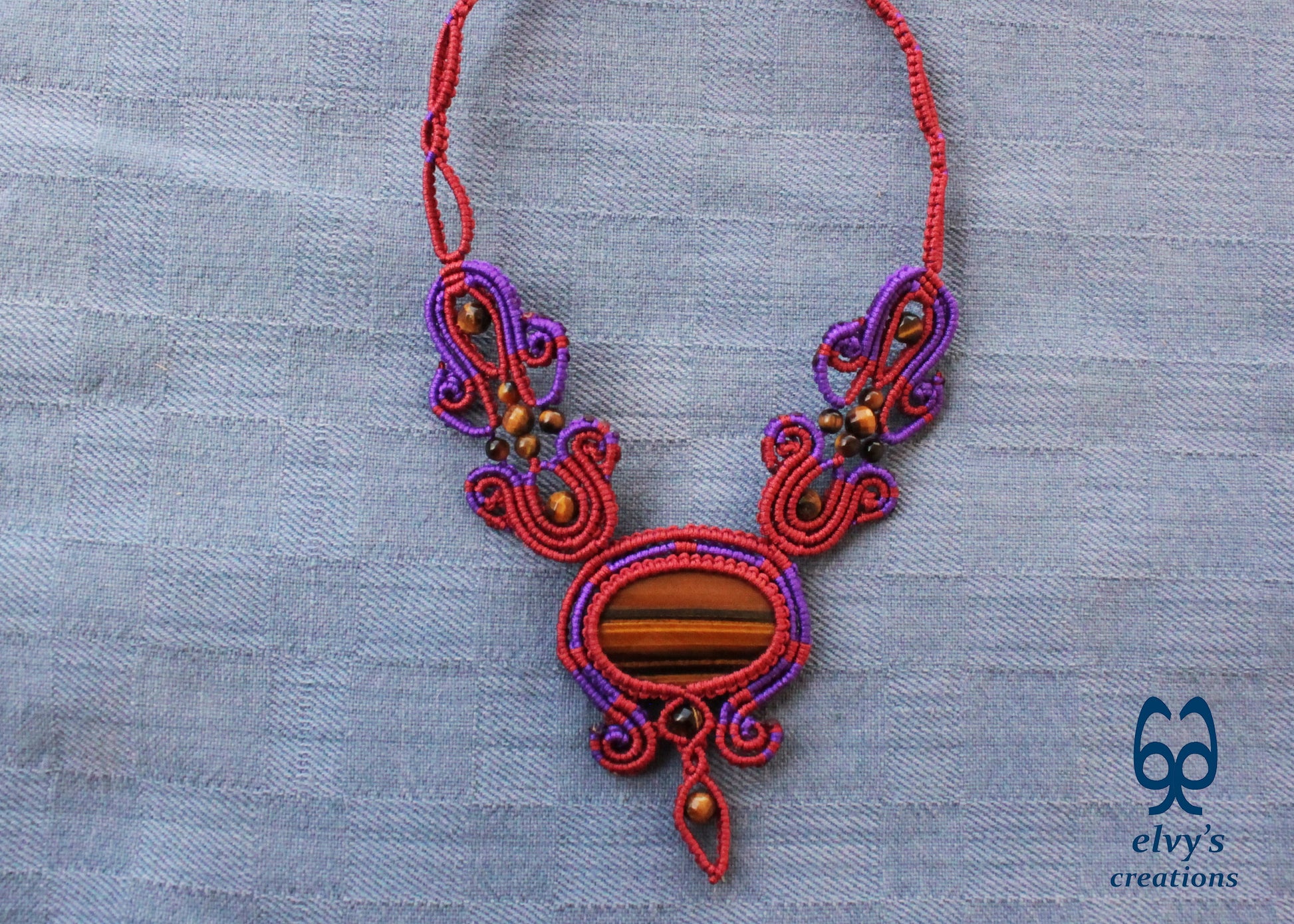 Red Macrame Necklace with Tiger Eye Gemstones Purple Adjustable Choker