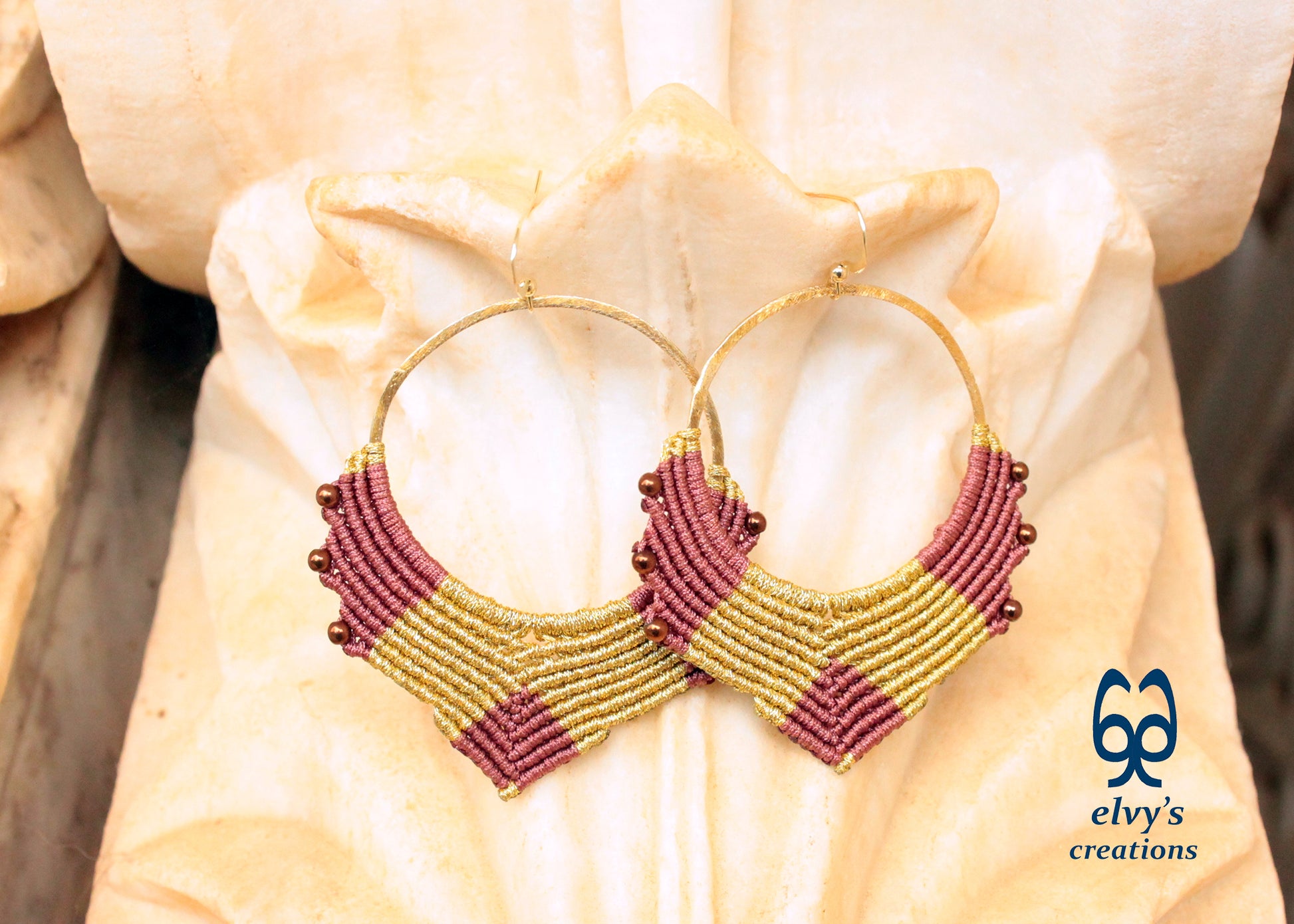 Handmade Gold Macrame Earrings, Dangle Hematite Gemstone Beads Hoop Earrings, Birthday Gift for Women
