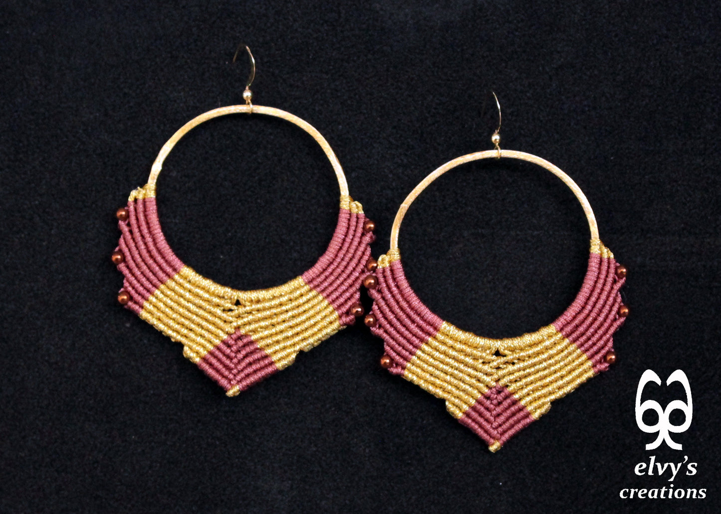 Handmade Gold Macrame Earrings, Dangle Hematite Gemstone Beads Hoop Earrings, Birthday Gift for Women