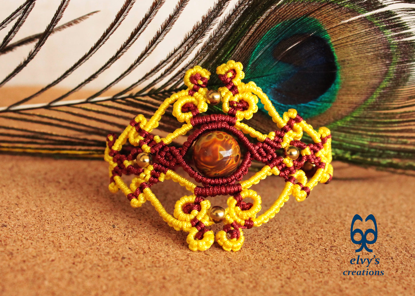 Red Macrame Bracelet Gold Hematite Gemstones Yellow Crystal Quartz Adjustable Cuff Bracelet with Healing Gemstones Gift for Women